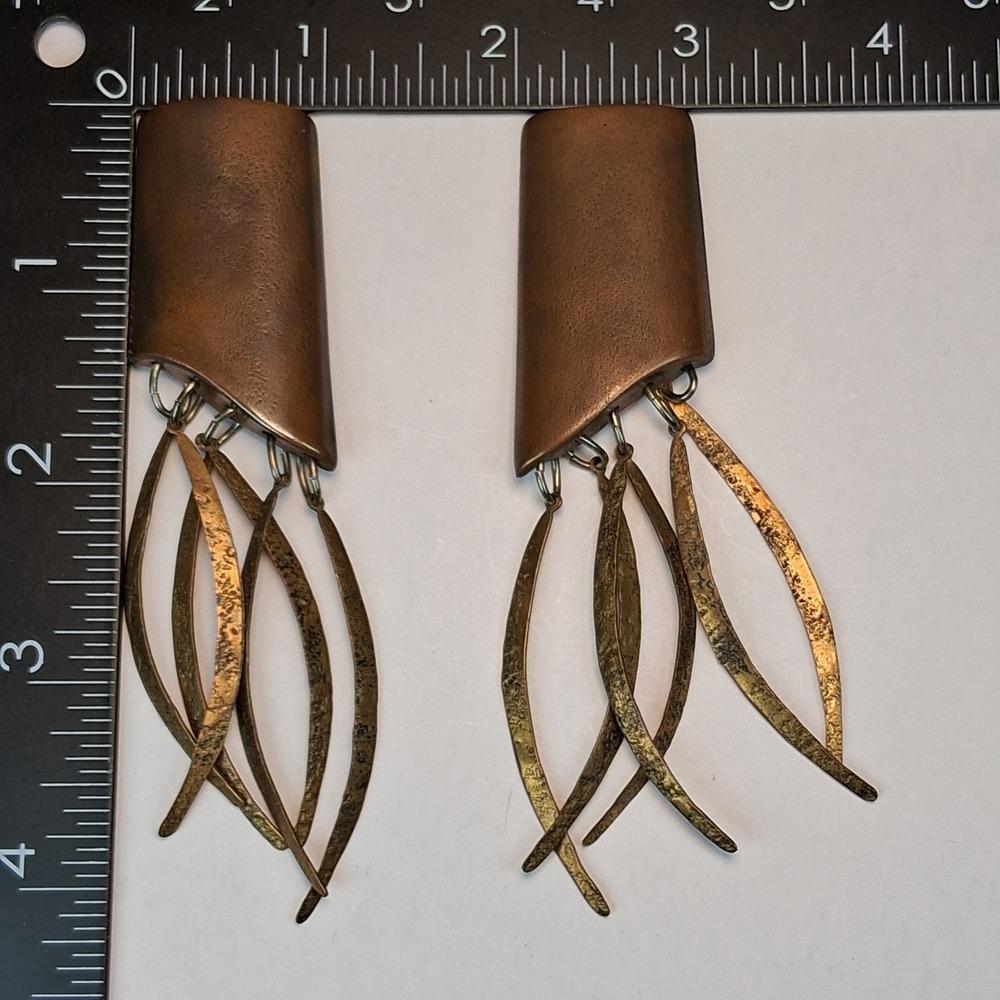 Vintage MCM Brutalist Copper Clip On Earrings Mixed Metal Dangle Artisan Studio - Picture 8 of 8
